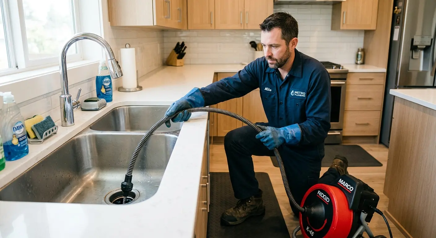 Drain cleaning technician using a motorized snake on a kitchen sink in Allegheny