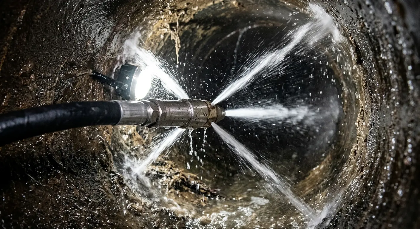 High-pressure hydro jetting nozzle cleaning sewer pipe for Trenchless Sewer Repair in Allegheny